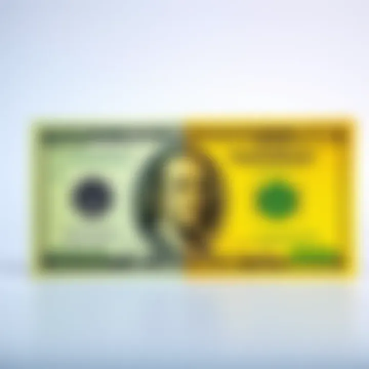 A very bright yellow 50 dollar note next to a standard green one, highlighting the difference in color and appearance.