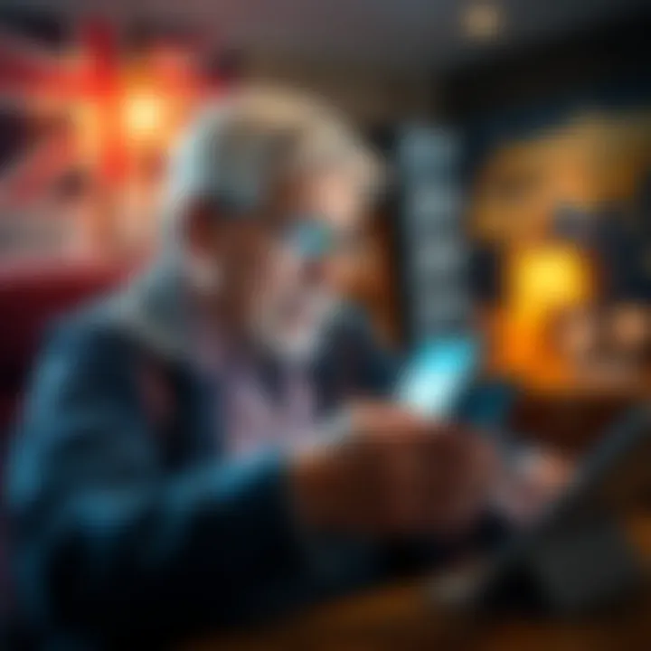 A British retiree interacting with the Revolut app on a smartphone while surrounded by travel documents, signifying their international banking experience without tax residency.