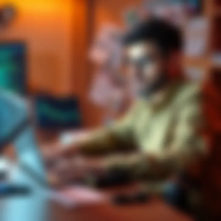 A man focused on coding at his laptop, surrounded by tech gadgets and bank documents, symbolizing his challenge to traditional banking.