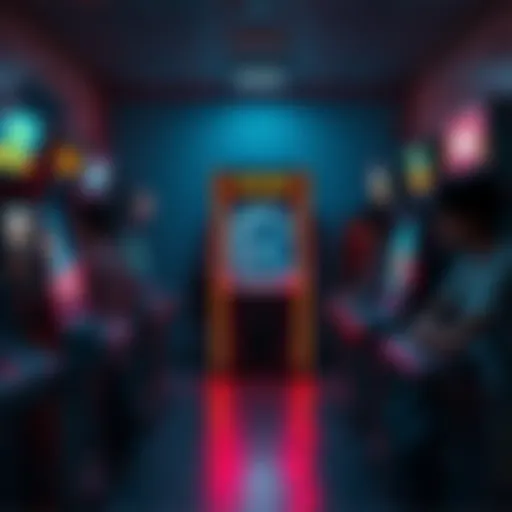 A broken arcade machine in an empty arcade, with players waiting for repairs