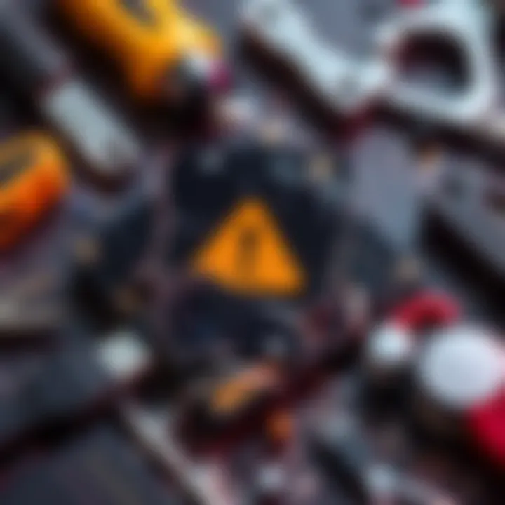 A damaged SSD with a warning symbol indicating issues, surrounded by tools for repair