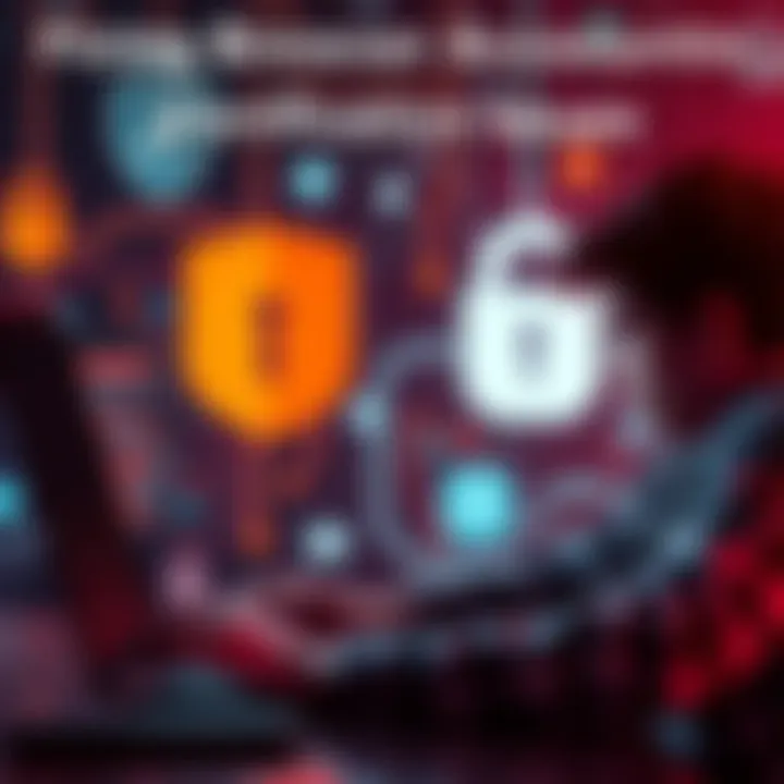 A person using a laptop, looking frustrated while trying to verify their online account security settings, with security icons in the background.