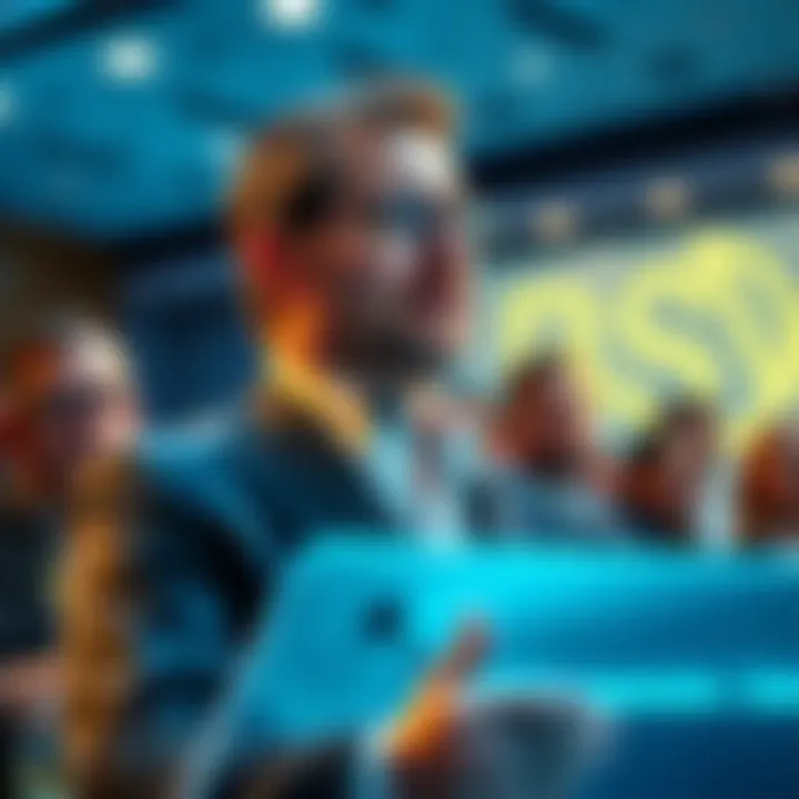 Craig Wright addressing the audience at the 2023 Blockchain Conference in London, with BSV Association representatives in the background.