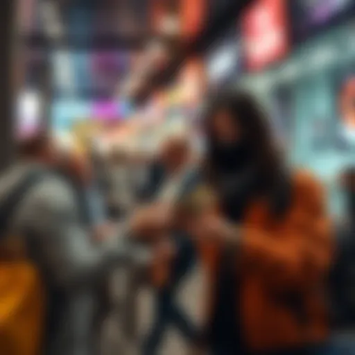 Two people exchanging cash for Bitcoin in a public space in Brisbane, ensuring a safe transaction