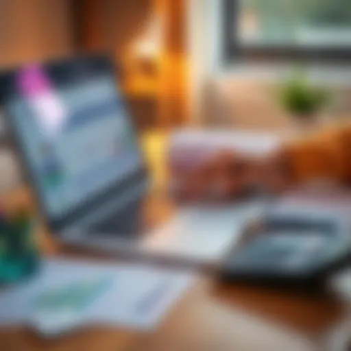 A person organizing budgeting categories on a laptop with financial documents and a calculator on the table