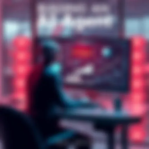 A person working at a desk with a computer, coding and creating an AI agent, with graphs and AI concepts on a screen.