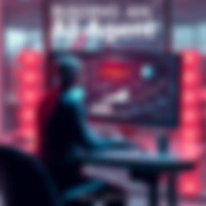 A person working at a desk with a computer, coding and creating an AI agent, with graphs and AI concepts on a screen.