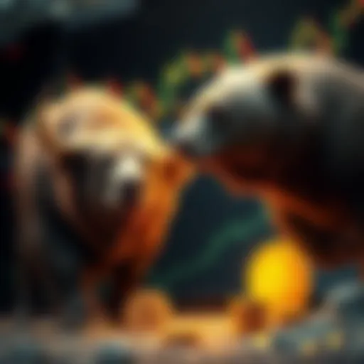 A bull and bear representing contrasting market trends in cryptocurrency, with a backdrop of fluctuating graphs and crypto symbols, highlighting the debate for 2026.