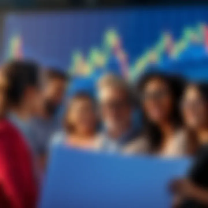 A group of diverse investors smiling as they discuss financial trends, with a bullish stock market chart in the background.