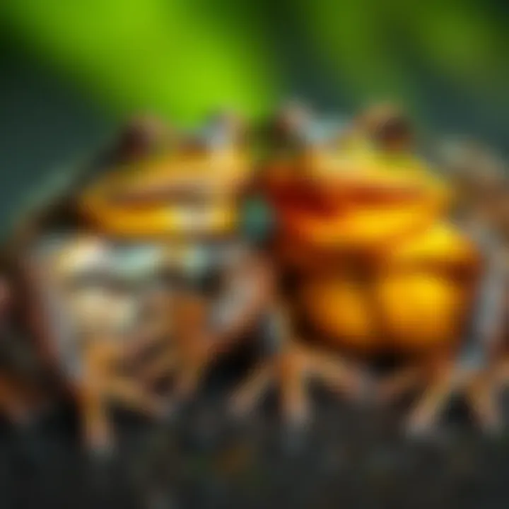 A male African bullfrog with larger size and bright colors next to a smaller, duller female African bullfrog, highlighting the gender differences.