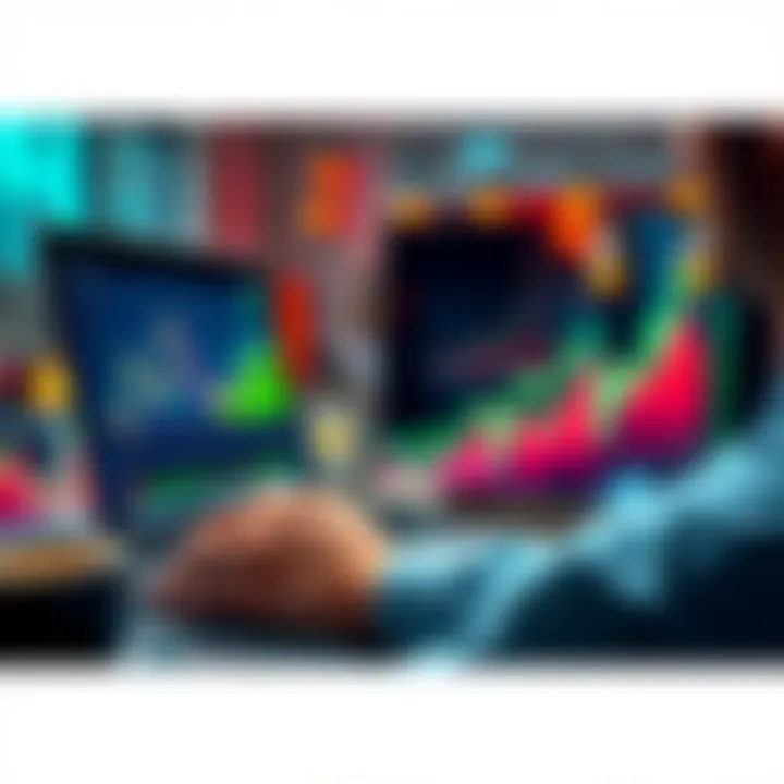 A person analyzing market trends on a laptop with rising graphs and financial charts displayed.