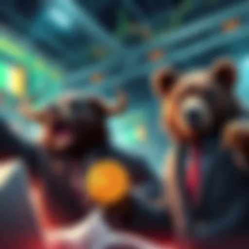 A bullish trader celebrating while bearish traders look worried in a chaotic market scene.