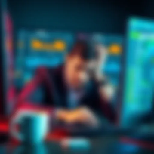 A tired investor looking at multiple yield pools on a computer screen, showing signs of burnout with a coffee cup nearby.