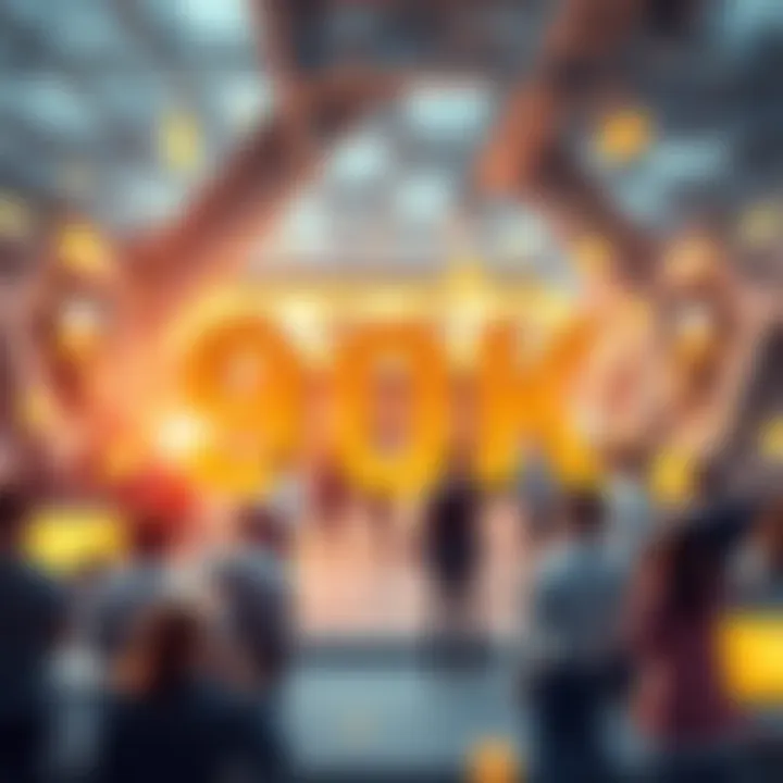 A bustling business environment with people collaborating and celebrating reaching a 90K milestone for growth and innovation.