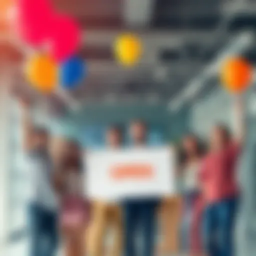 A team celebrating the launch of their new business with smiles and balloons in an open office space.