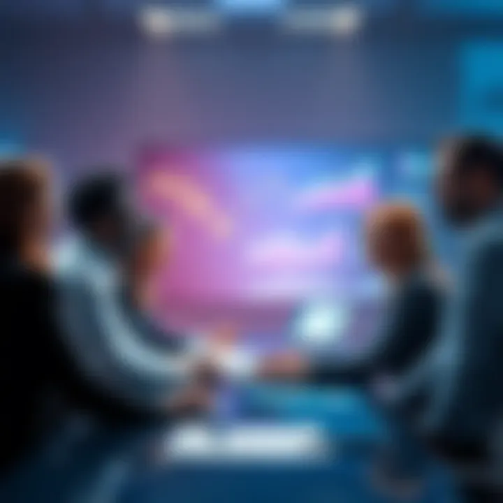 Business Team Meeting A diverse business team discussing plans for upcoming acquisitions, with charts and graphs displayed on a screen