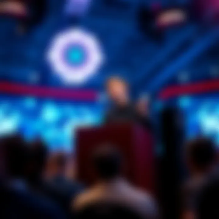 Vitalik Buterin speaking at a podium about AI nationalism as a US Senator proposes a stake in OpenAI, with audience members in the background.