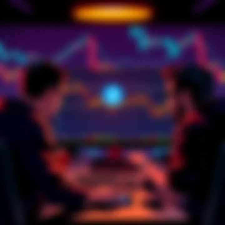 People looking concerned over a computer showing a declining cryptocurrency chart with a Buttcoin logo