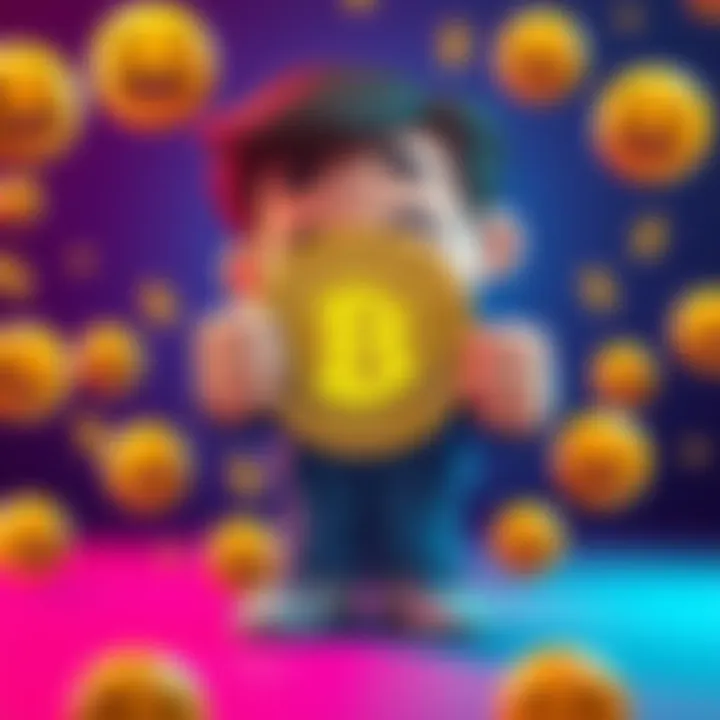 A playful cartoon character holding a coin labeled Buttcoin, surrounded by laughing emojis and dollar signs