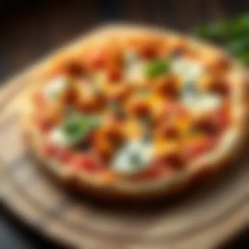 A delicious butter chicken pizza topped with creamy sauce, chicken pieces, and herbs, served fresh on a wooden board.