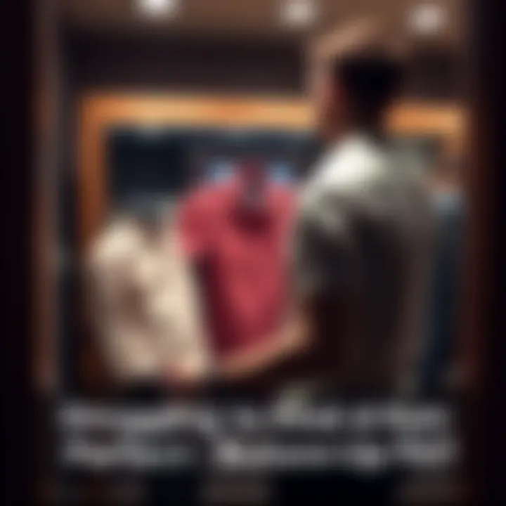 A person trying on a button-up shirt in a fitting room, looking at the fit in a mirror, showing a 36J size.