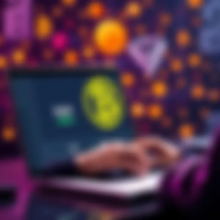 A person using a laptop to buy cryptocurrency on the Bybit platform, with cryptocurrency symbols in the background.