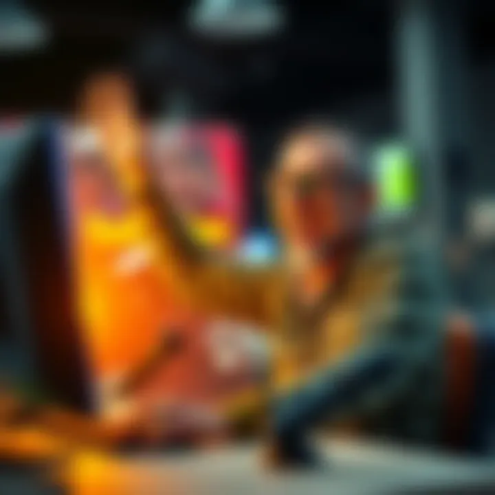 A happy buyer celebrating after winning a car auction, looking at his computer screen excitedly.