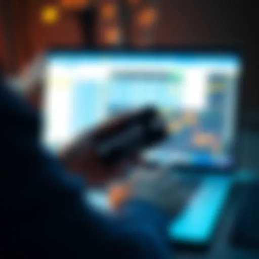 A person holding an iTunes gift card while looking at a cryptocurrency exchange platform on a laptop