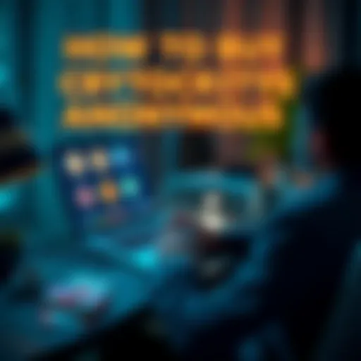 A person sitting at a desk, using a laptop with cryptocurrency symbols on the screen and cash and gift cards nearby, indicating anonymous buying methods.