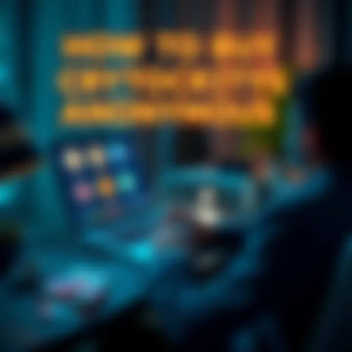 A person sitting at a desk, using a laptop with cryptocurrency symbols on the screen and cash and gift cards nearby, indicating anonymous buying methods.