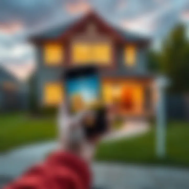 Buying a house with crypto A person holds a smartphone showing cryptocurrency while standing in front of a house for sale.