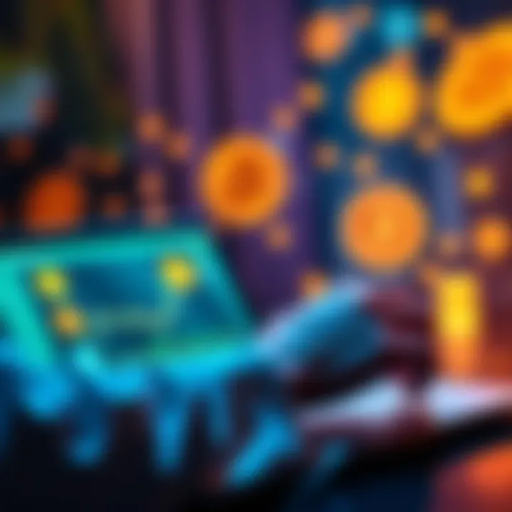 Purchasing Bitcoin A person buying Bitcoin through a peer-to-peer platform on a laptop with digital currency symbols in the background.