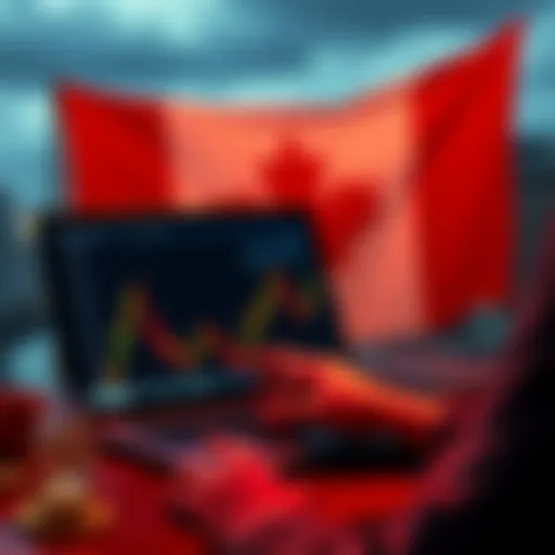 A person using a laptop to buy Bitcoin with a Canadian flag in the background