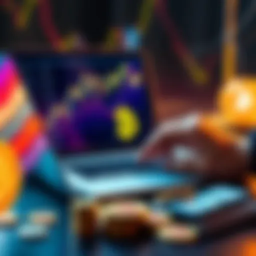 A person analyzing Bitcoin price charts on a laptop, focused on a $80k mark, with coins and dollar bills around.