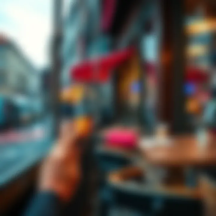 A person using a smartphone app to buy Bitcoin while sitting at a cafe in Germany