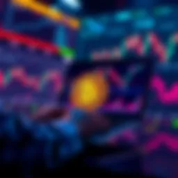 A person using a laptop to buy Bitcoin on an online platform with charts and digital currency visuals in the background