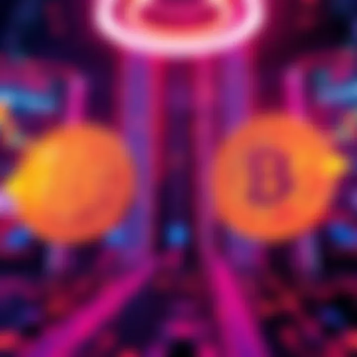 A digital representation of Bitcoin and USDT with arrows showing exchange flow and no KYC requirements