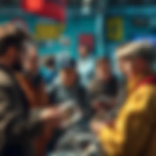 Group of people exchanging trading cards at a market, some looking puzzled, others excited after a sale