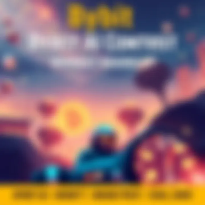 Illustration advertising the Bybit AI feedback contest with a prize pool of $100 and market analysis for XAUUSD.