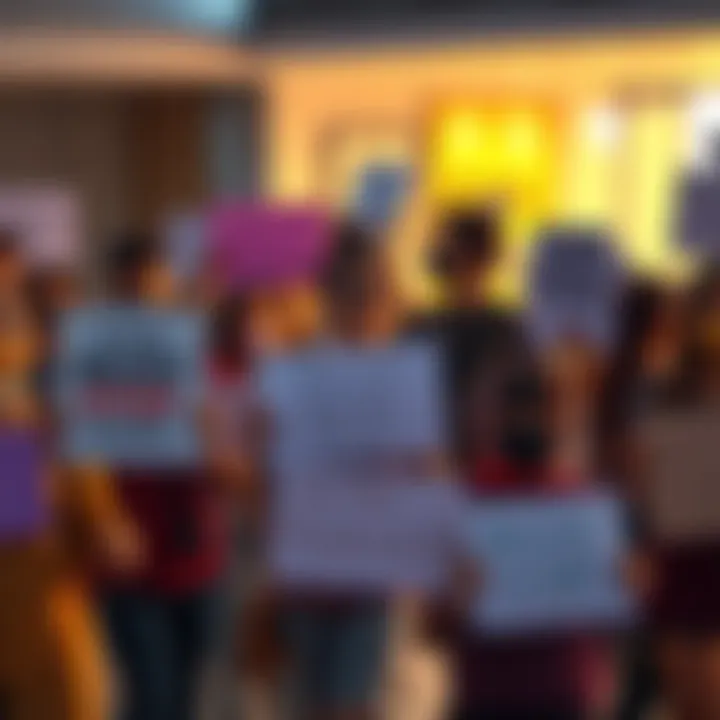 A group of diverse people holding signs demanding better moderation in online spaces, showing unity and concern for community safety.