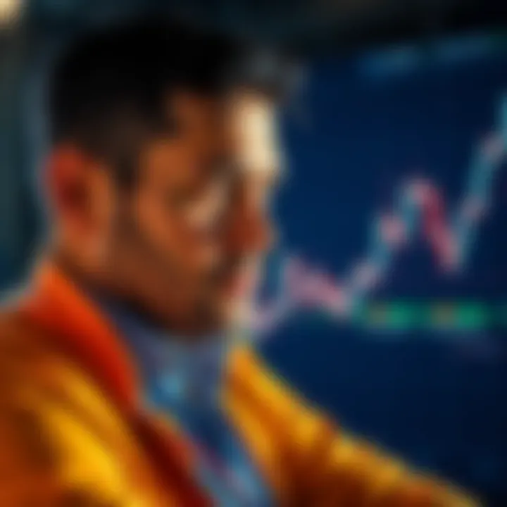 An industry expert maintaining composure while reflecting on a significant crypto loss, with a financial graph showing fluctuation in the background.