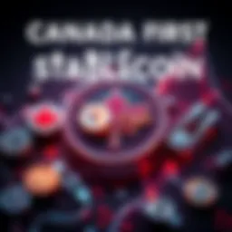 A graphic showing the launch of QCAD, Canada's first fully compliant stablecoin, featuring Canadian symbols like a maple leaf and cryptocurrency icons