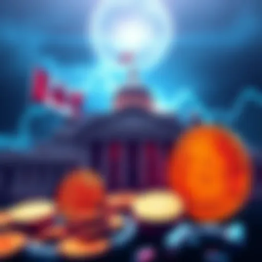A graphic showing the impact of Canadian government actions on personal bank accounts, with Bitcoin symbols representing financial security.