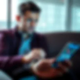 Canadian man lost money in crypto scam A Canadian man looking worried while using a dating app on his phone, with a visible trading app on the screen showing losses.