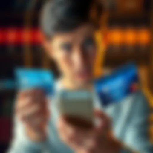A person looking at two different cards, one standard and one premium, with a worried expression while holding a phone to check options.