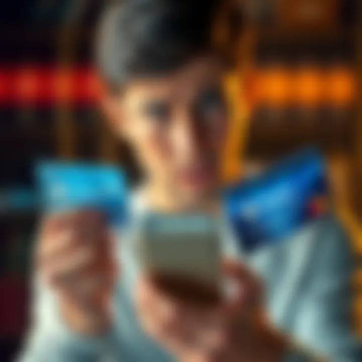 A person looking at two different cards, one standard and one premium, with a worried expression while holding a phone to check options.