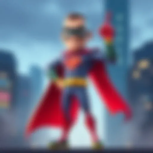 CaptainBNB, a colorful superhero character, stands proudly with a cape and a creative pose, showcasing strength and creativity.