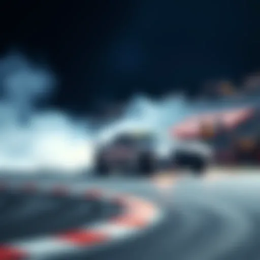 A car making a sharp drift on a racing track surrounded by cheering fans.