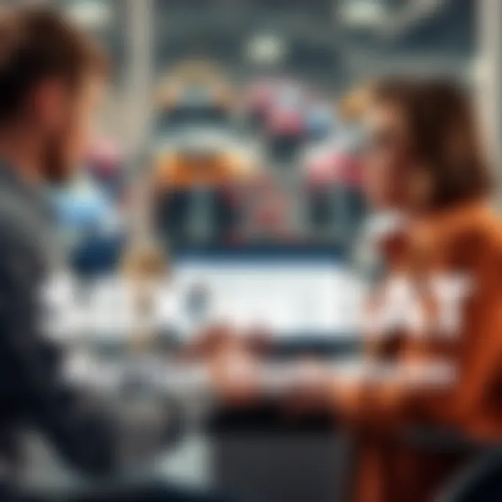 Two people discussing car auction experiences with SBX and BaT in the background of a laptop displaying auction listings.