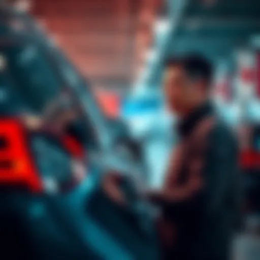 A Canadian buyer inspecting a car at a dealership in the USA, considering options to import it to Canada.